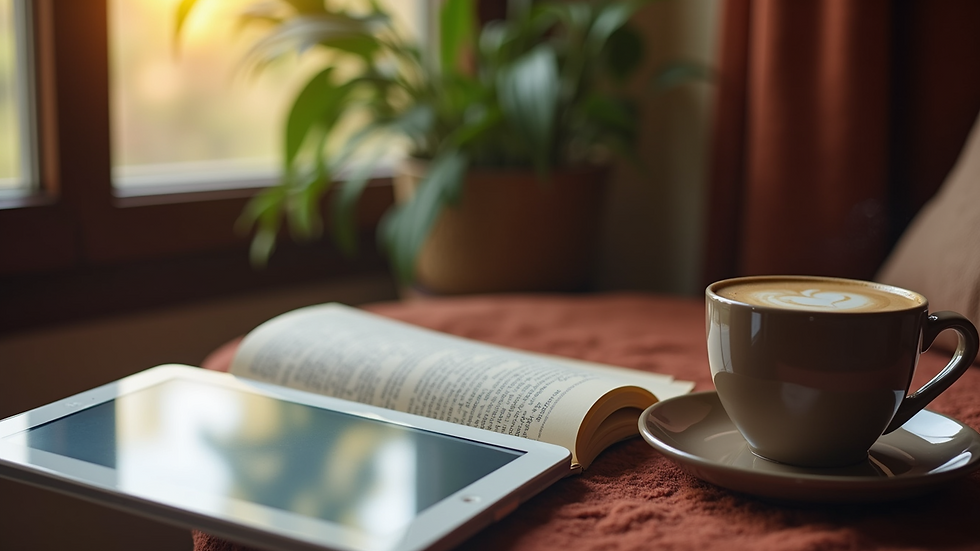 Close-up view of a cozy reading nook with a tablet and a cup of coffee