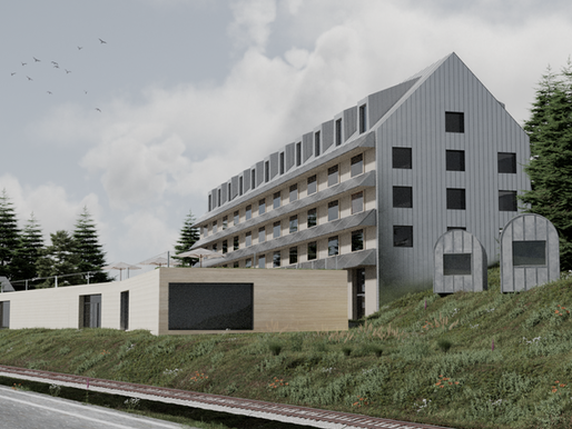 Visualisierung eines modernen Hotel- und Gewerbegebäudes in Hanglage mit Bahnlinie, begrüntem Aussenbereich und umliegenden Tannen.