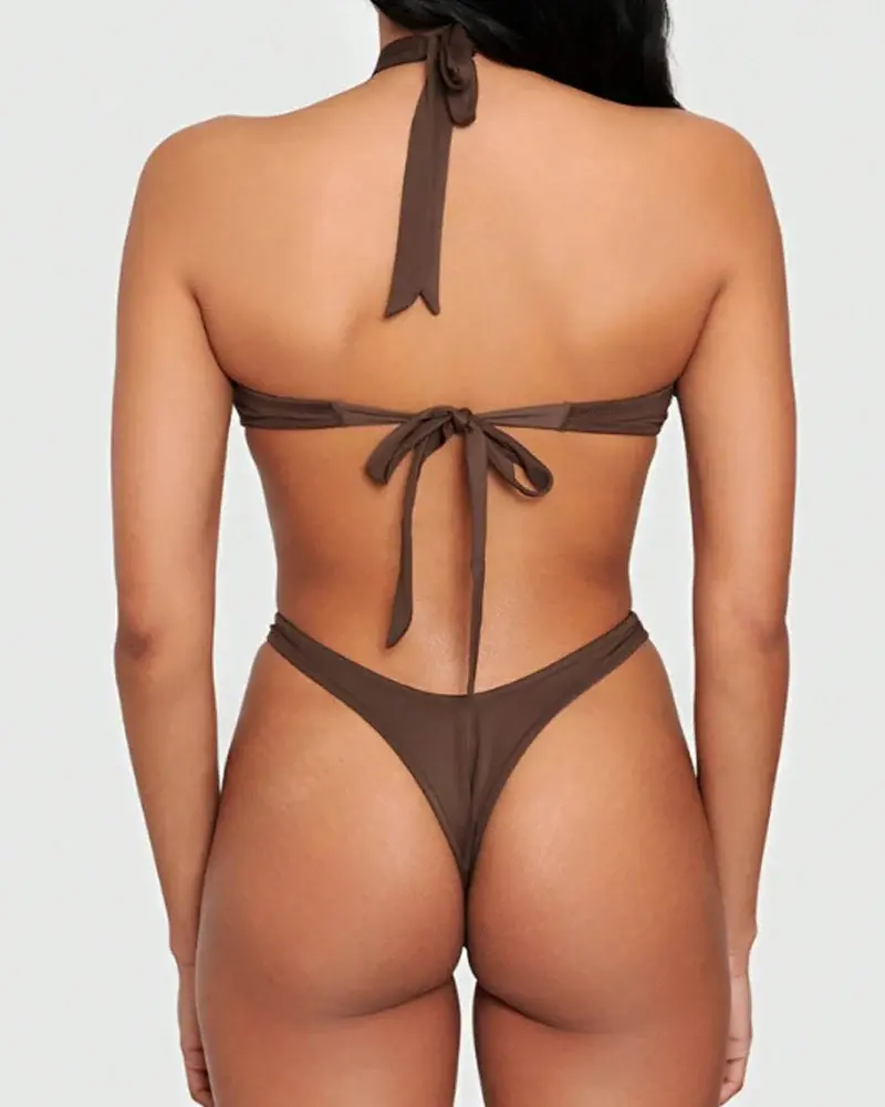 Thumbnail: Sexy Halter Neck Backless O-ring Cutout One-piece Swimsuit