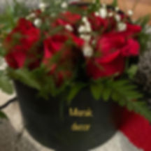 Red Rose's with Baby's Breath and Greenery arrangement with black box