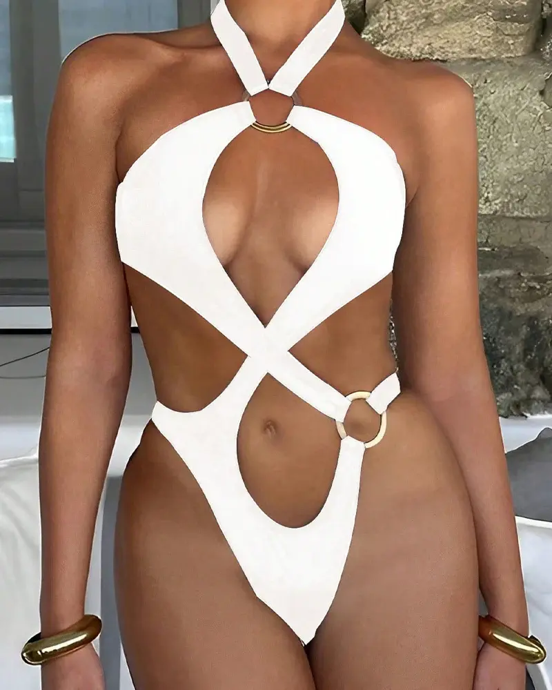 Thumbnail: Sexy Halter Neck Backless O-ring Cutout One-piece Swimsuit
