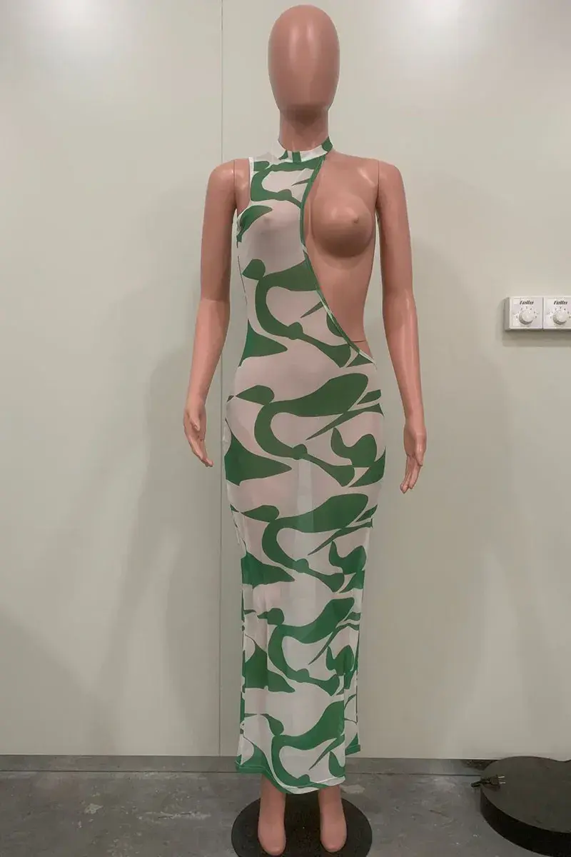 Thumbnail: Sexy Print Hollowed Out Patchwork O Neck Irregular Dress (Without Underwear)