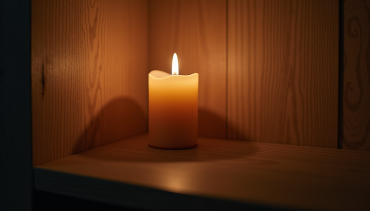 Eye-level view of a softly glowing candle on a wooden shelf in a dimly lit room