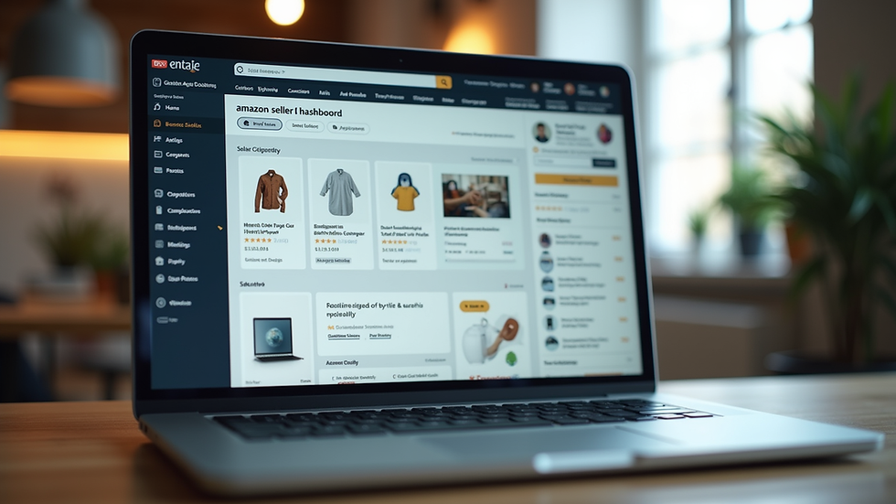 eye-level view of a laptop screen showing Amazon seller dashboard
