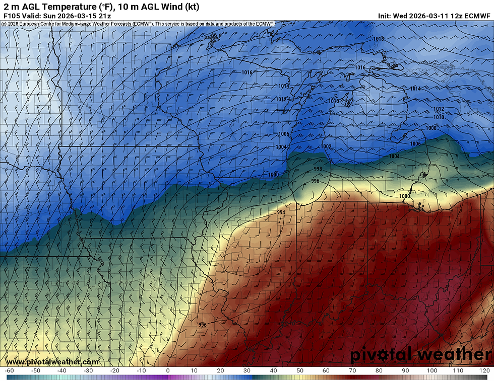 ECMWF Temps and Wind Barbs valid Sunday March 15th at 3p