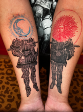 Matching woodcut style sun and moon forearm tattoos with armored warrior figures, one shown fresh in blue ink and one healed in red ink, reproduced with permission from artist Micah Ulrich and tattooed by Mandi at Wrapped in Plastic INK in Costa Mesa, Orange County, California.