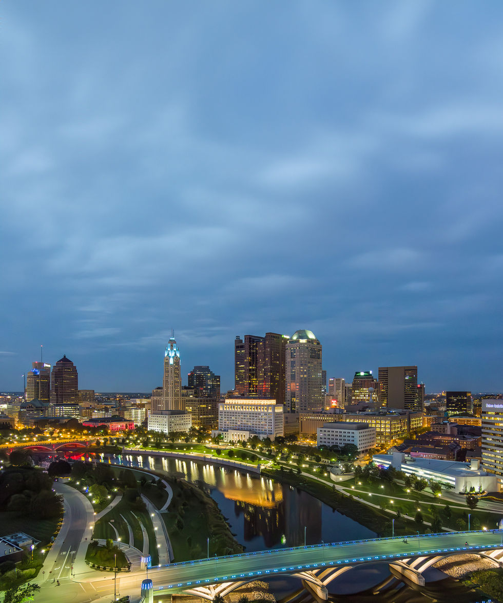 Downtown Columbus, Ohio drone night photograph