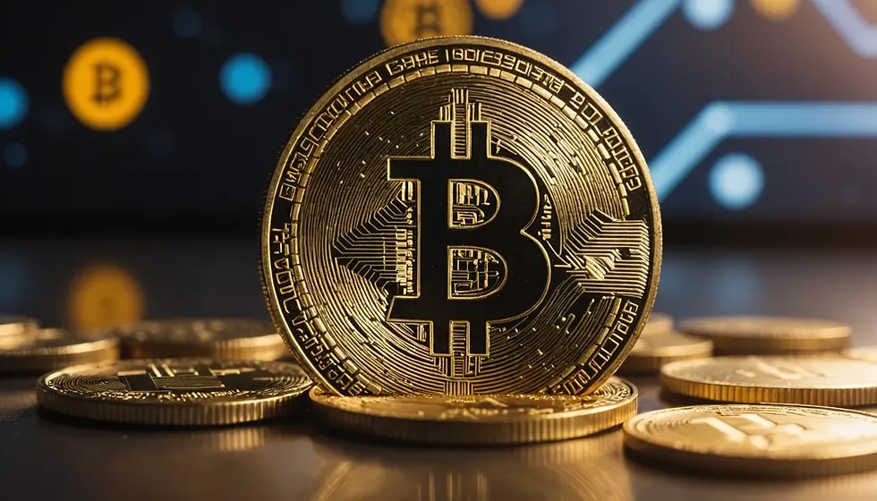 Wide angle view of a tranquil crypto-themed garden with digital symbols