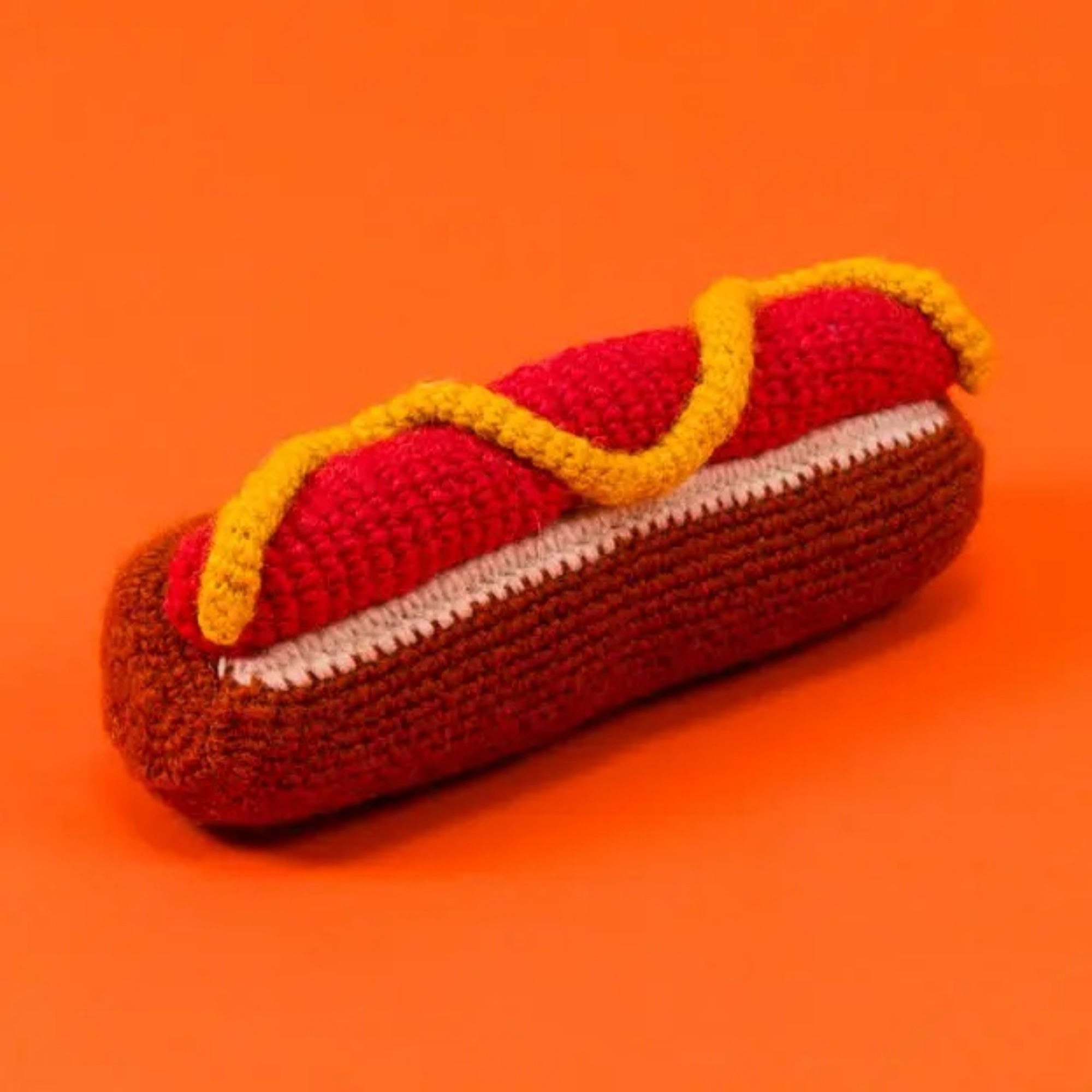 crochet HOTDOG with MUSTARD dog squeaker toy