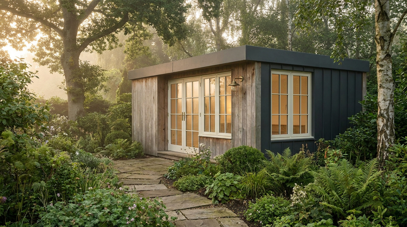 A contemporary garden room framed by mature planting