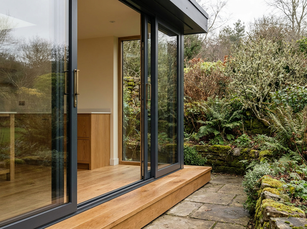Warm contemporary garden room interior with natural materials
