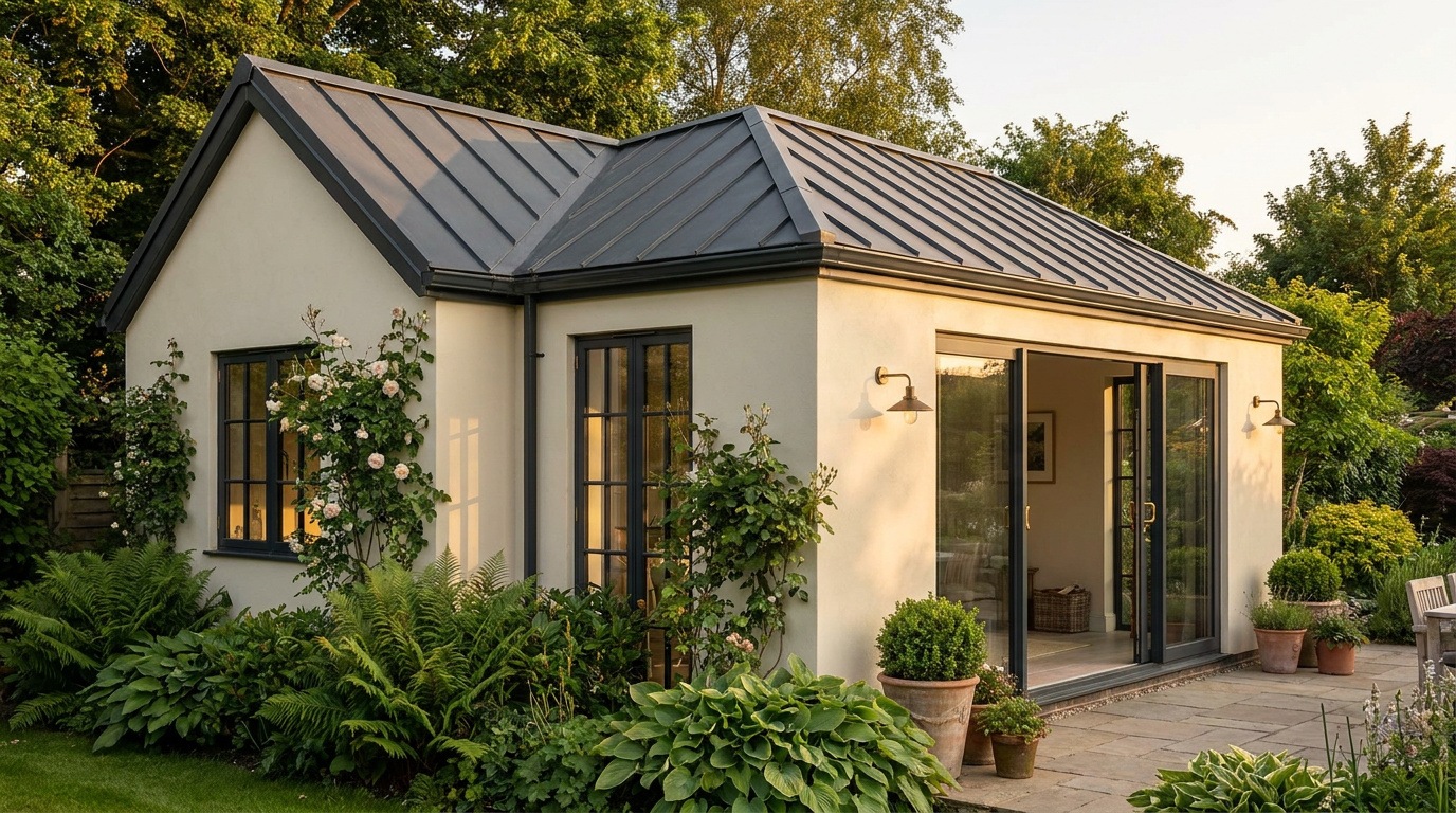 A refined timber garden room opening onto a landscaped garden