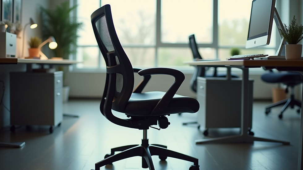 Eye-level view of ergonomic office chair and desk setup