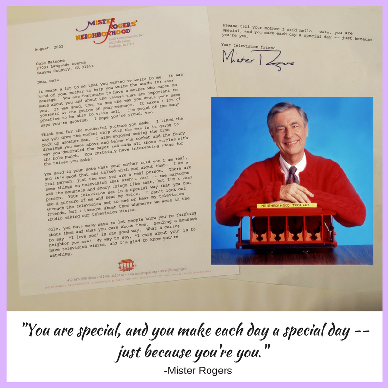 Cole's letter from Mister Rogers