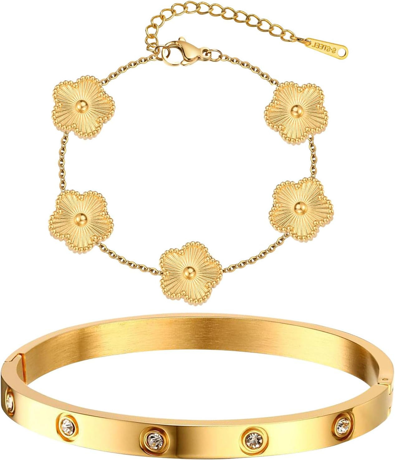 Womens Stackable Gold Bracelets Jewelry - 18K Gold Plated Floral Bracelet,Bangl
