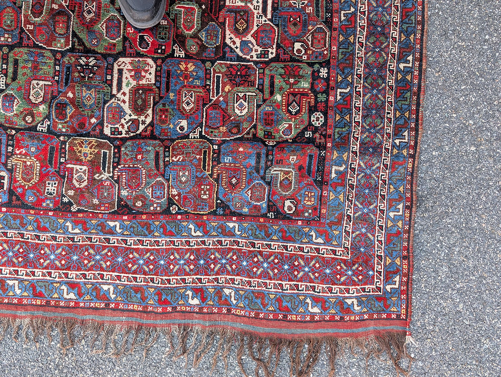 Thumbnail: Antique Persian Tribal Khamseh Mother and Child Boteh Rug 5'5" x 6'9"