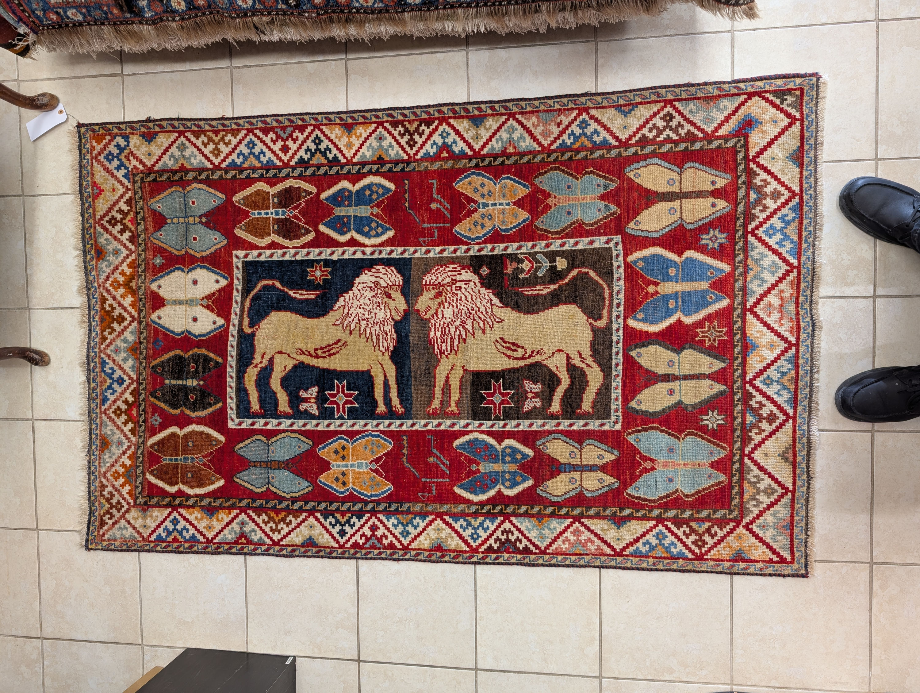Old Persian Qashqai Lion Rug with rare butterfly border 3'9' x 6'0"