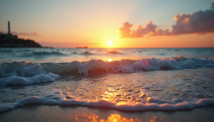 Vue panoramique au niveau des yeux sur la Mer Noire au coucher du soleil avec des vagues douces caressant la plage