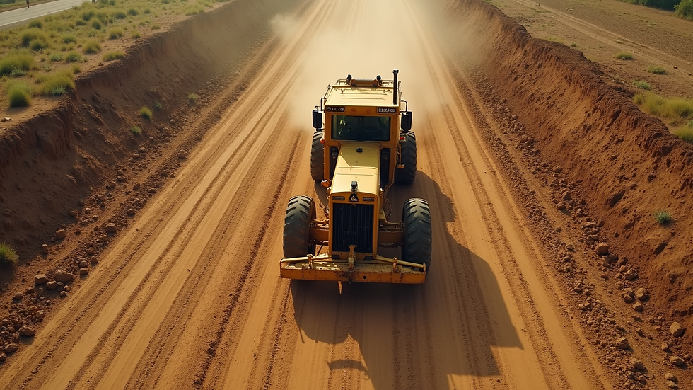 High angle view of motor grader smoothing a dirt road