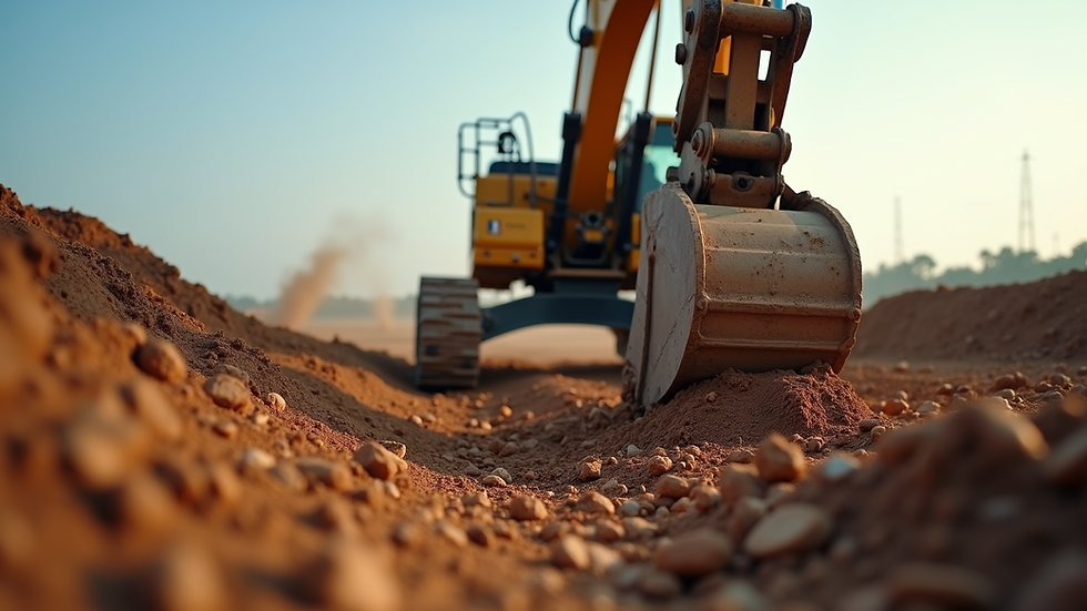 Eye-level view of excavator digging soil at a construction site