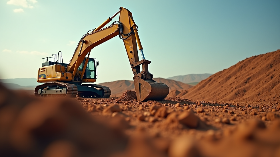 Eye-level view of excavator leveling soil on a construction site