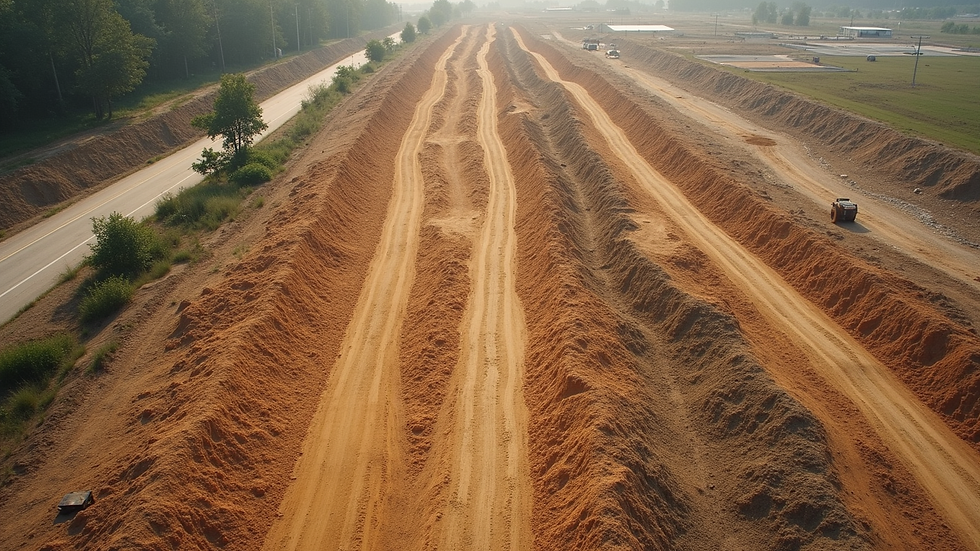 High angle view of a graded construction site with clear drainage paths