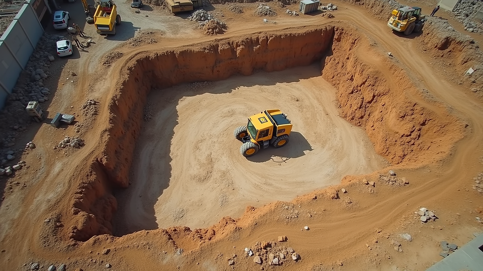 High angle view of construction site with marked excavation boundaries