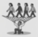 Textured illustration: a kneeling leader strains to hold a net while four teammates walk across; signaling the leader carrying the load instead of the system.