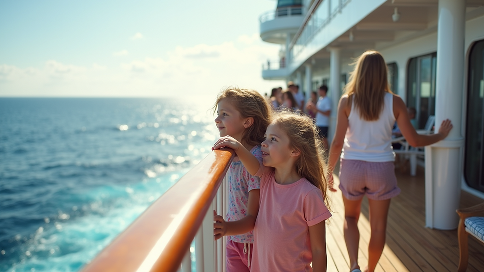 Eye-level view of a family enjoying a Disney cruise deck with ocean views