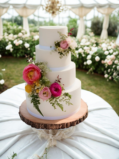4 tier garden wedding cake with natural flowers.