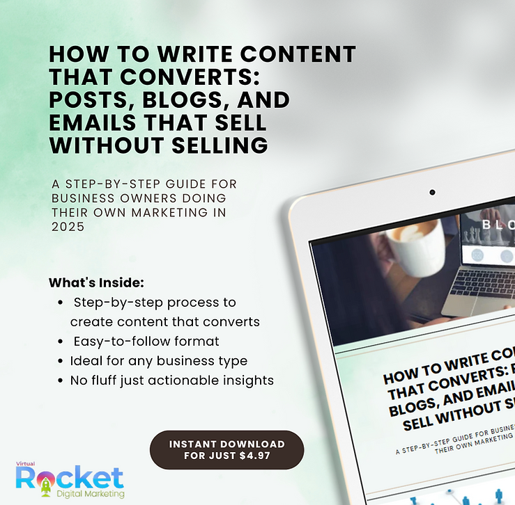 over image of the downloadable guide titled “How to Write Content That Converts,” featuring a clean workspace, open notebook,