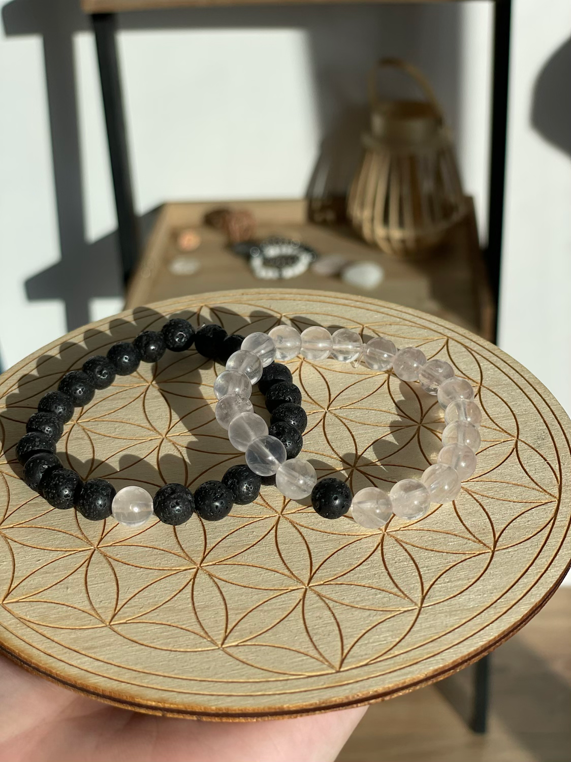 Bracelet de couple quartz rose et pierre de lave 