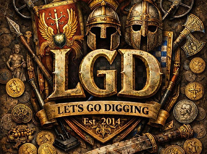 Detailed vintage-style “LGD – Let’s Go Digging” logo featuring medieval helmets, shields, axes, coins, and metal detecting artefacts arranged around large gold lettering with “Est. 2014” displayed beneath.