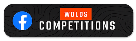Wolds Competitions Facebook button featuring a blue Facebook icon alongside bold white and orange branding text on a dark contour-pattern background with a sleek modern design.