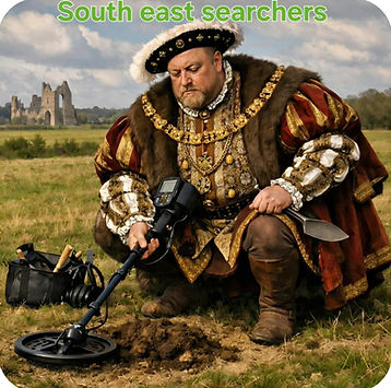 Humorous “South East Searchers” image showing a man dressed in elaborate Tudor-style royal clothing using a modern metal detector in a countryside field, with historic ruins visible in the background.