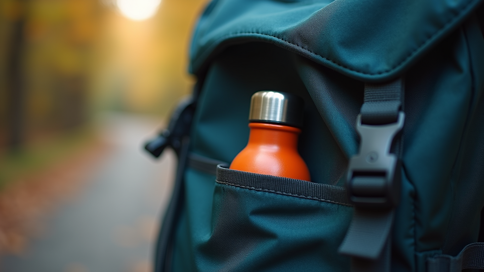Eye-level view of a slim stainless steel water bottle in a backpack side pocket