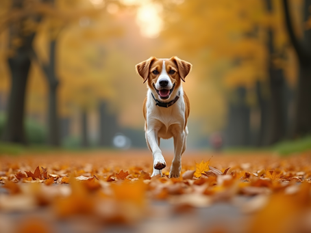 Eye-level view of a dog walking through a leafy park in early fall