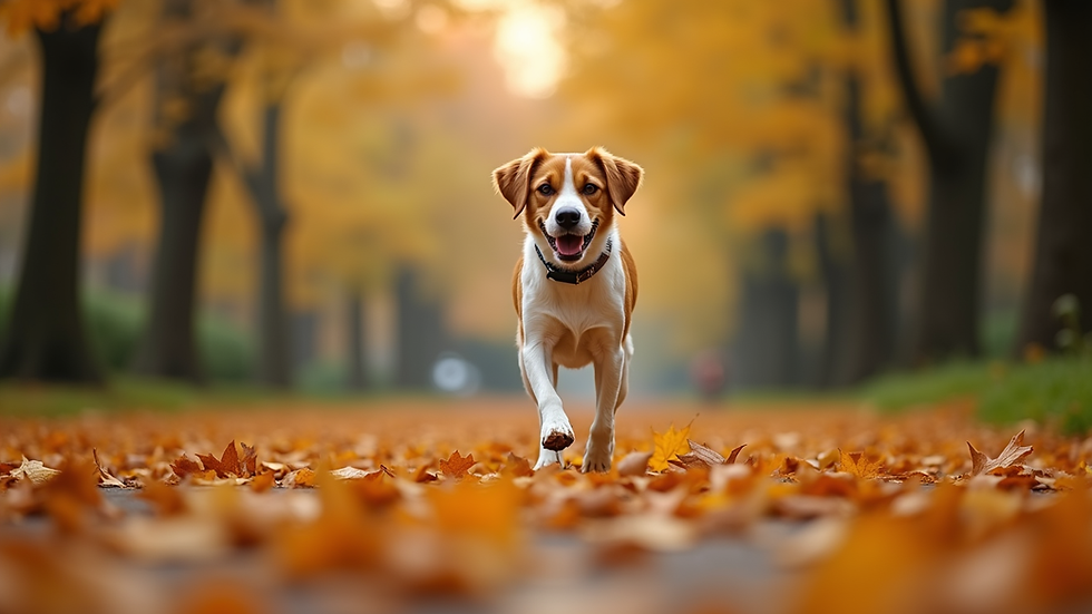 Eye-level view of a dog walking through a leafy park in early fall