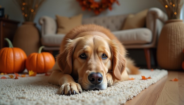 Eye-level view of a golden retriever resting comfortably on a cozy living room rug