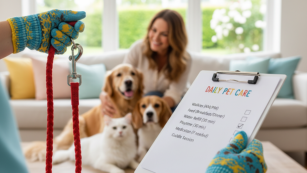 Close-up view of a pet sitter’s hands holding a dog leash and a checklist