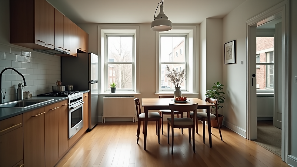 High angle view of a kitchen and dining area in a Philadelphia apartment
