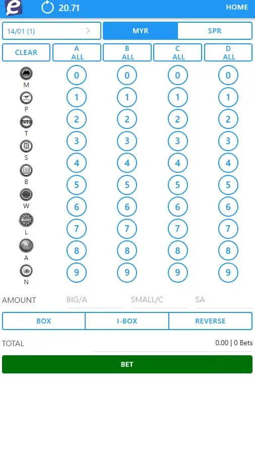 Winbox Ekor lottery number selector UI