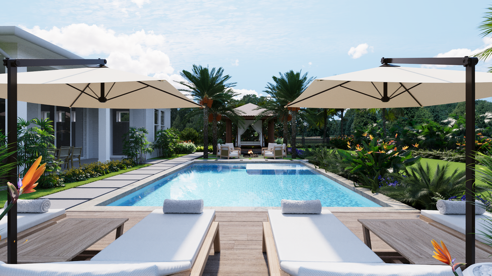 Backyard landscape design featuring a resort-style pool and lounge area.