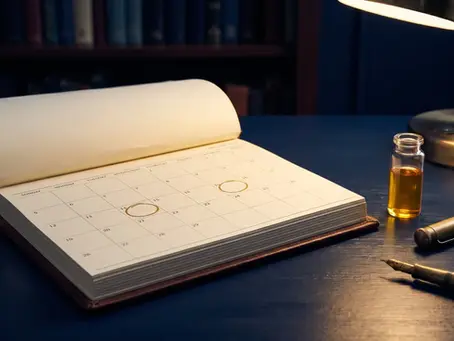 Desk calendar with two dates circled in gold beside a vial of amber hemp distillate