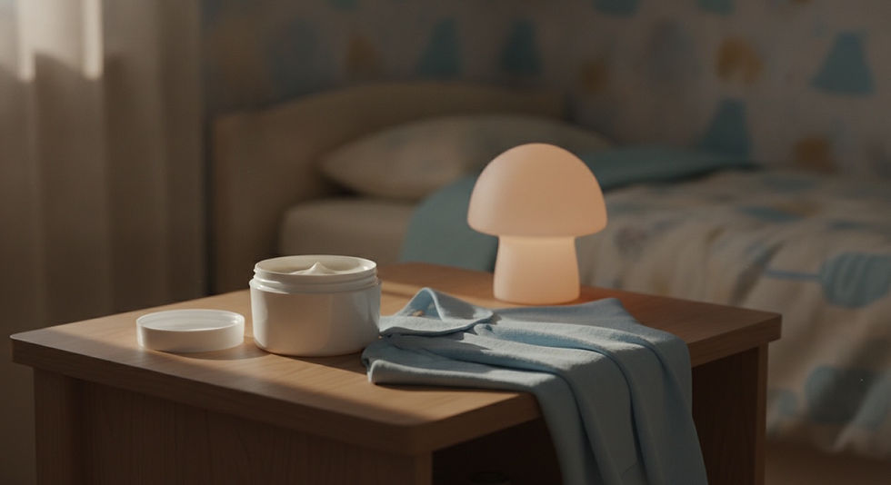 A tub of unscented moisturizer open on a child's bedside table beside folded pajamas and a nightlight, in soft evening light
