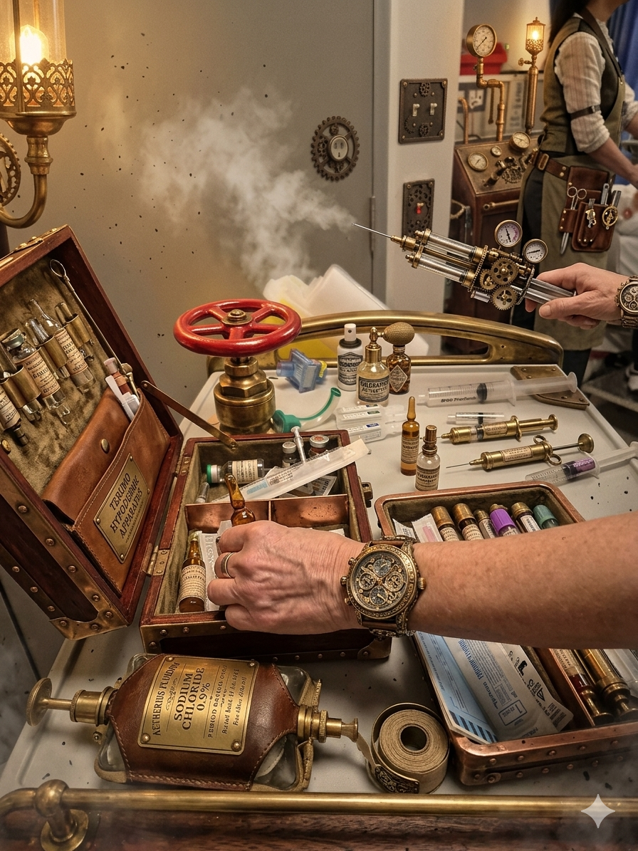 A Steam Punk Style Resuscitation Trolley with a clinician preparing medications