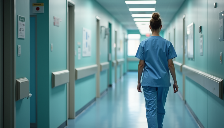 Eye-level view of a hospital corridor with a nurse leader walking confidently
