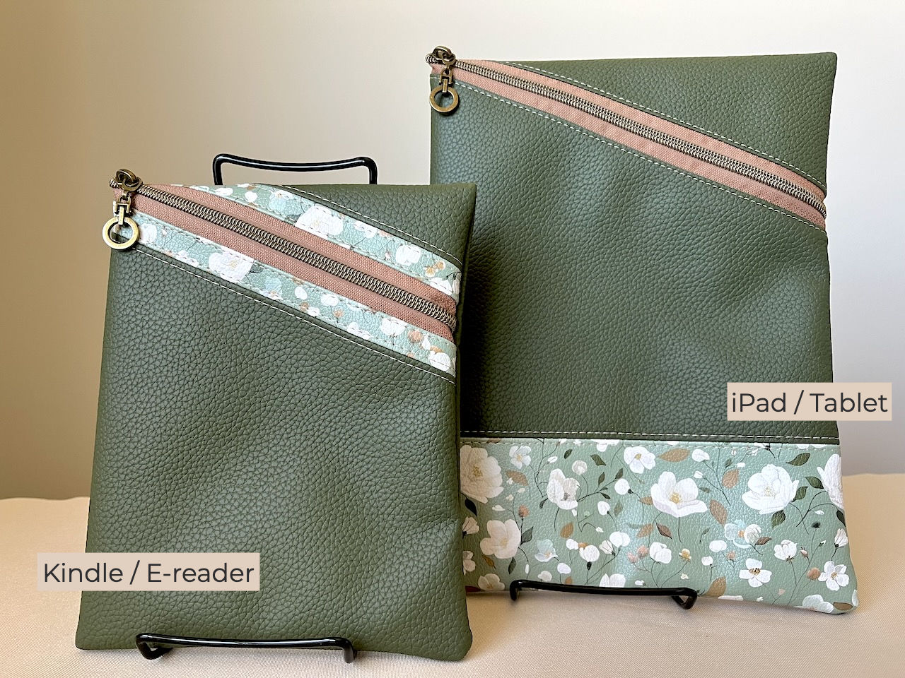 Kindle / E-reader Case | Moss Green + White Roses