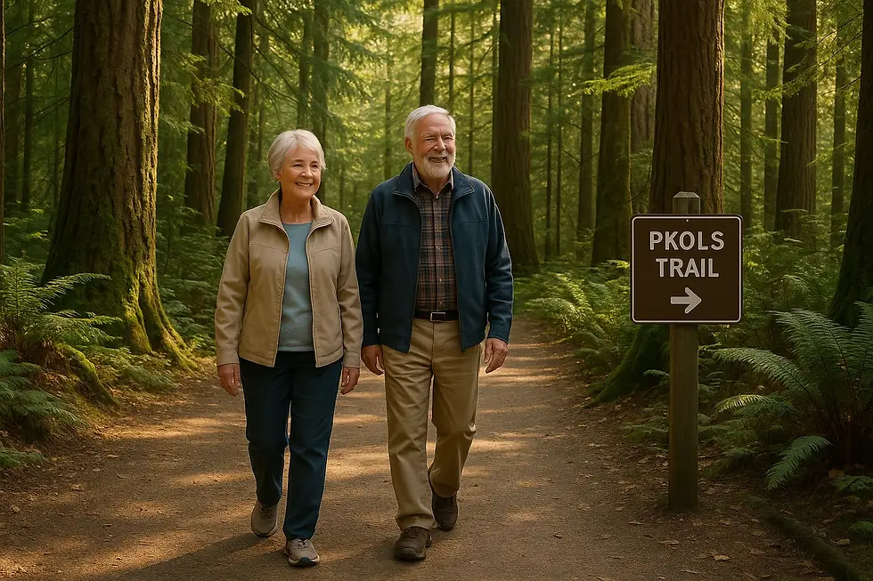 PKOLS Park Mount Douglas senior nature walks Saanich BC - Senior couple enjoying accessible forest trails with clear signage in Pacific Northwest setting