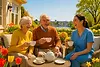 Bright welcoming Victoria BC home care scene - happy elderly couple enjoying tea with professional caregiver on sunny patio overlooking Inner Harbour with vibrant spring flowers, representing luxury senior care Victoria BC and aging at home Victoria BC services